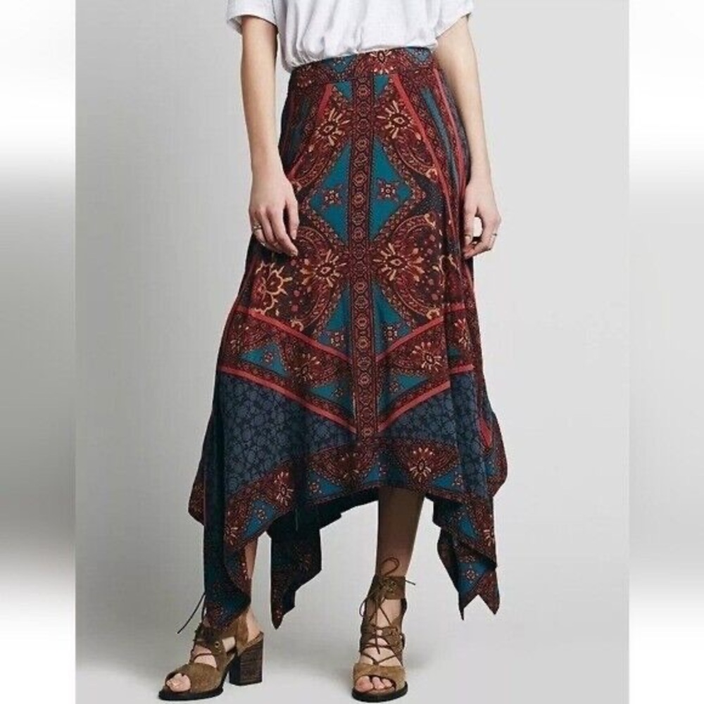 Free People Teal and Rust Asymmetrical Boho Maxi Skirt